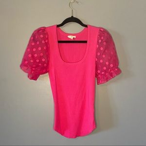 Pink puff sleeve polka dot top